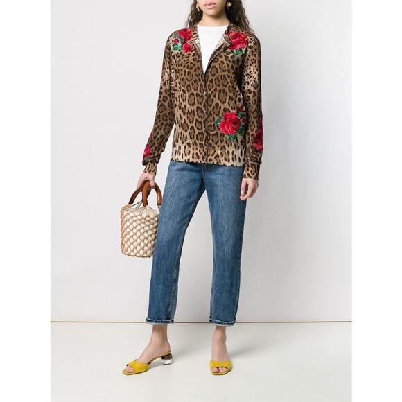 NWT DOLCE & GABBANA Animal Print Leopard Rose Cardigan Brown Red IT 40 S - Picture 4 of 9